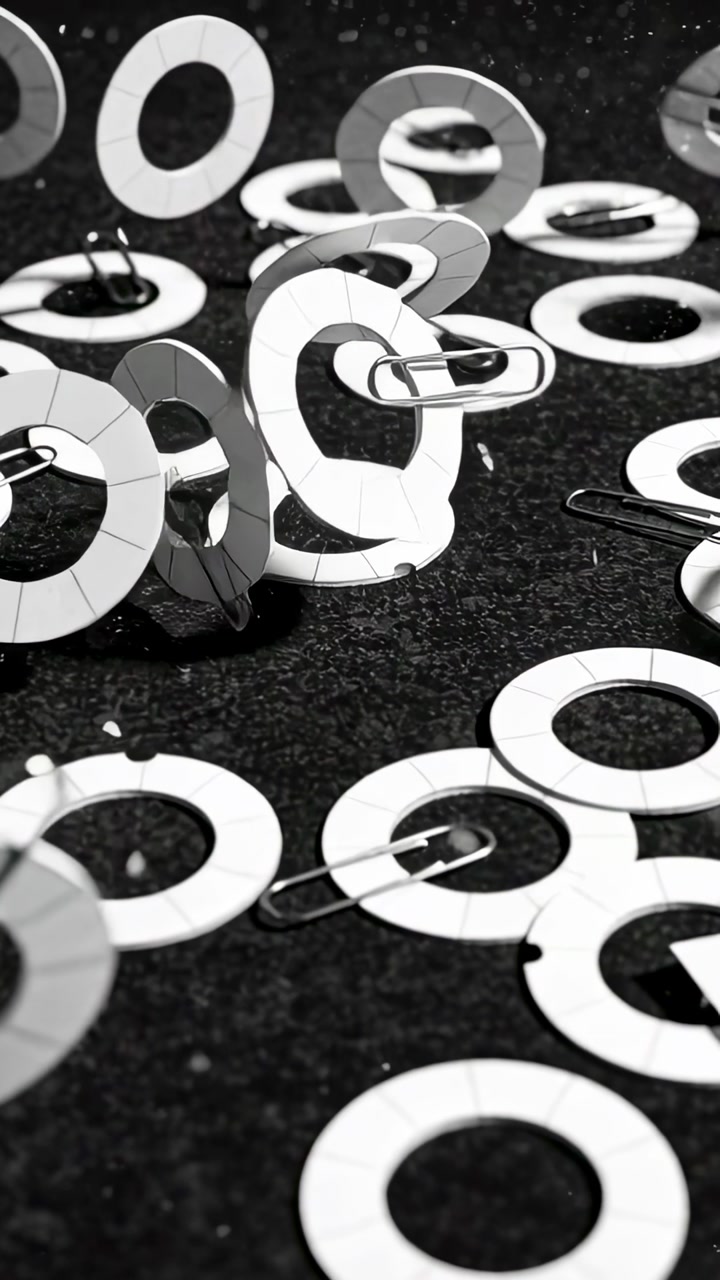 Vertical video: Playback, white rings and metal clips tumbling, colliding, showcasing stationery