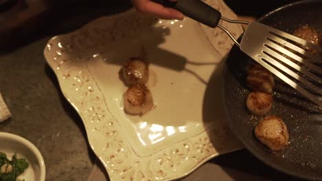 slow motion shot of grilled sea scallops being plated in hd 1080p 23.98p