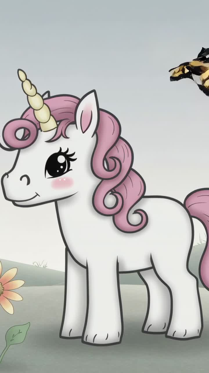 Video vertical: Mariposas revoloteando aparecen y flotan alrededor de un unicornio en un prado cerca de una margarita.