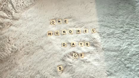 "one hundred days of school" written in block letters over a soft white rug