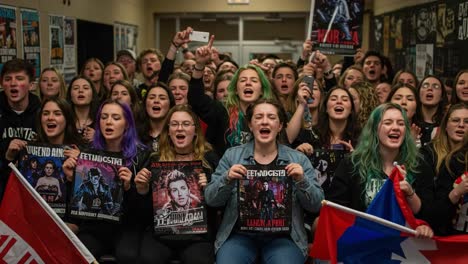 crowd of enthusiastic fans cheering and holding posters in a vibrant, energetic gathering celebrating their favorite artists and performers in a hallway setting