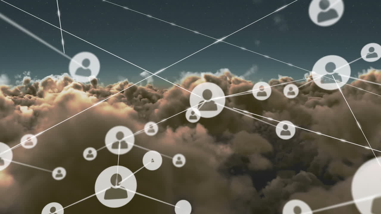 하늘의 구름을 가로지르는 연결 네트워크의 애니메이션