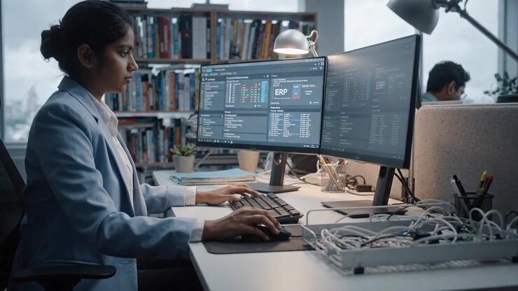 Focused Professional Analyzing Data on Dual Monitors in a Modern Office, Surrounded by Bookshelves and Soft Lighting for a Productive Work Environment