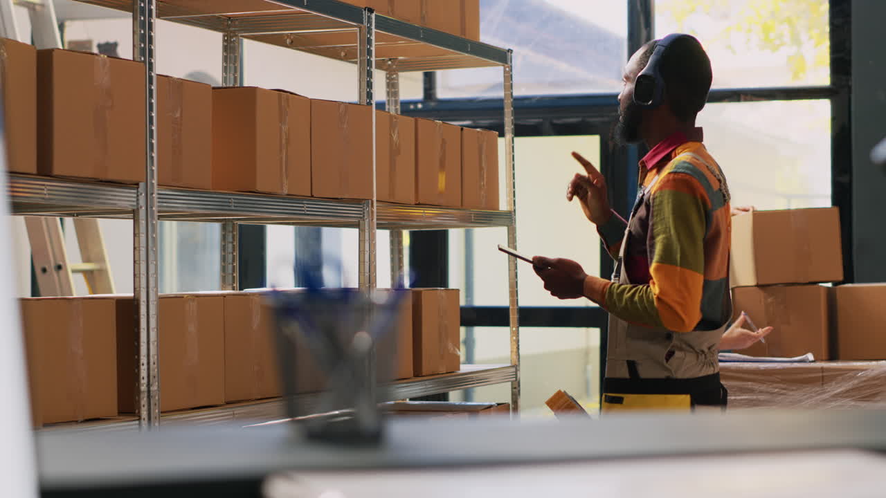 trabajador de almacén comprobando el inventario en la tableta