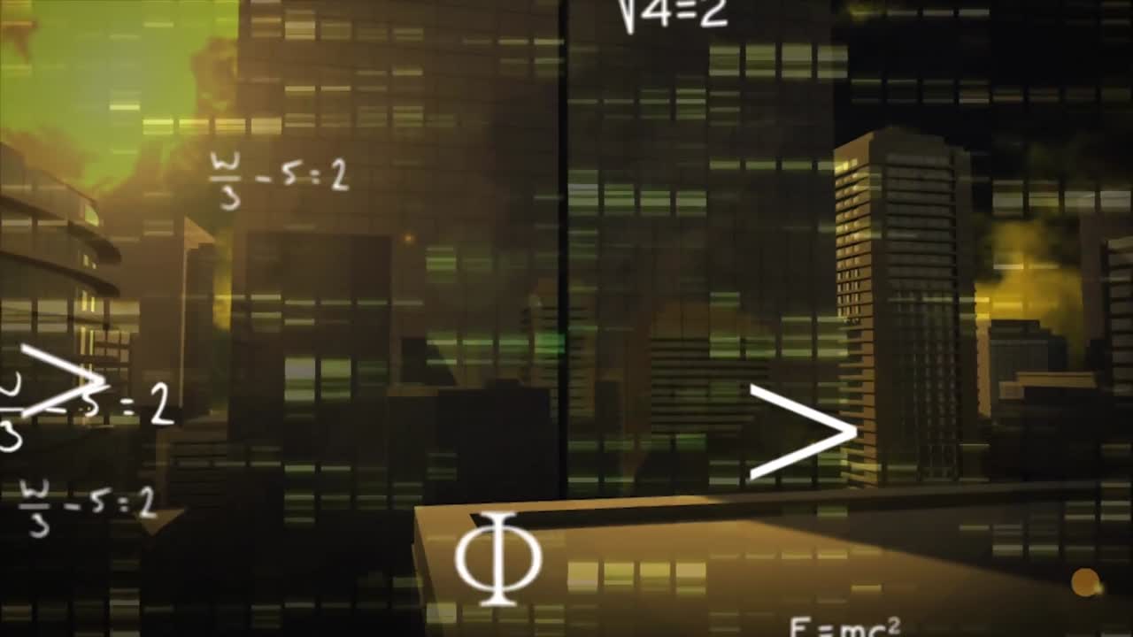수학적 방정식의 애니메이션과 도시 풍경 위에 움직이는 기둥.