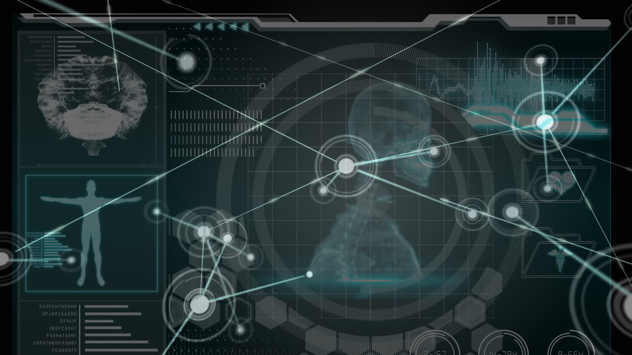 인간의 뇌와 의료 데이터 처리에 대한 연결 네트워크의 애니메이션 화면