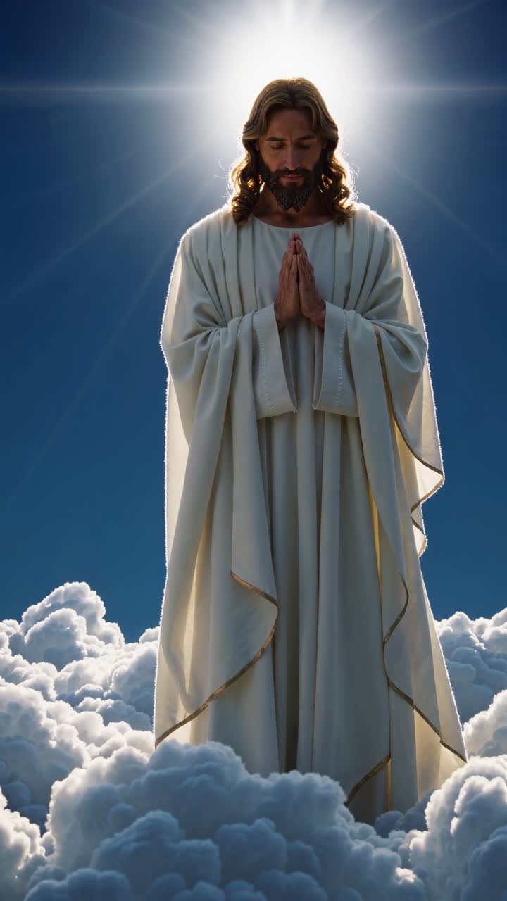 A divine figure stands on clouds, hands in prayer, with a radiant halo