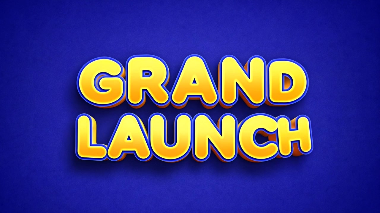 Large yellow Grand Launch three dimensional title highlighted on vibrant blue background display