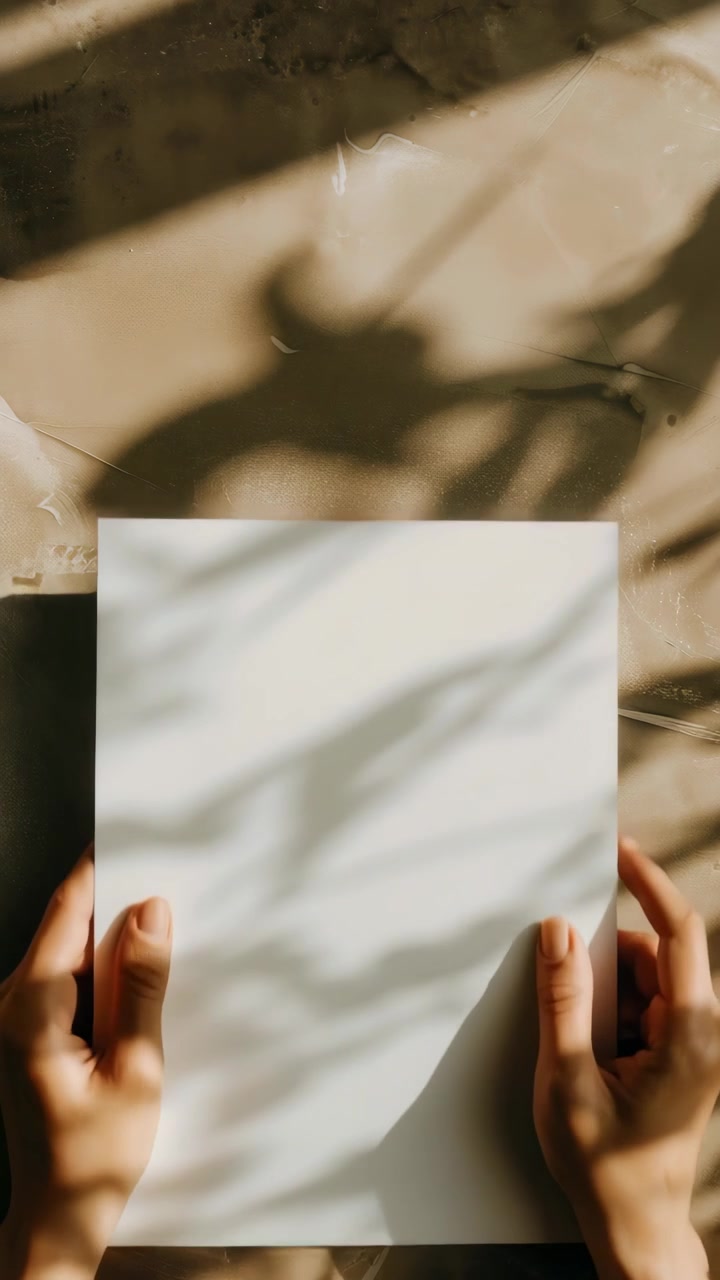 Mani che tengono un biglietto bianco vuoto con ombre di piante in movimento