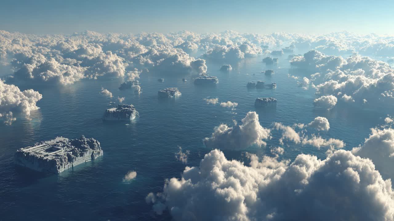 Aerial View of Serene Icebergs Surrounded by Soft Clouds, Capturing the Tranquil Beauty of Nature's Polar Landscapes Under a Gentle Blue Sky