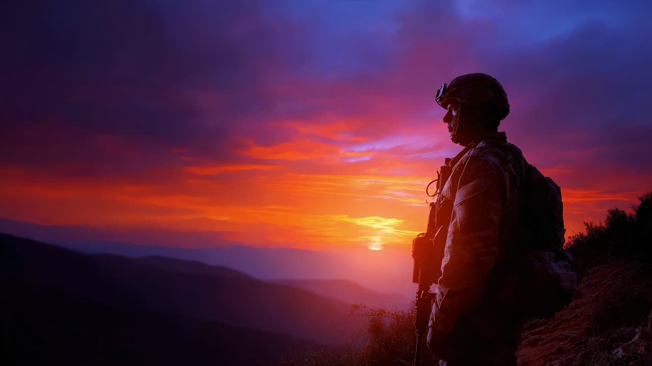 A Soldier Standing Guard Against a Majestic Sunset: Capturing the Essence of Duty and Reflection in the Warm Colors of Dusk, Symbolizing Courage and Perseverance Amidst Nature's Beauty