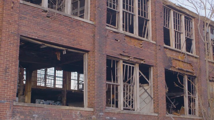 um armazém abandonado de tijolos vermelhos com janelas e portas quebradas, decadência industrial