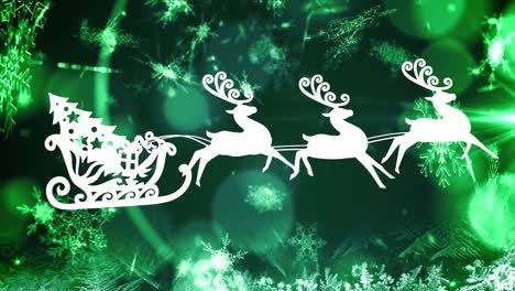 Animation-of-reindeers-with-christmas-tree-over-snow-falling