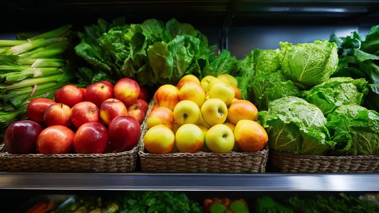 Vibrant Display of Fresh Fruits and Vegetables in Baskets Showcasing a Colorful Array of Apples, Pears, and Lush Green Lettuce Located in a Grocery Store Produce Section