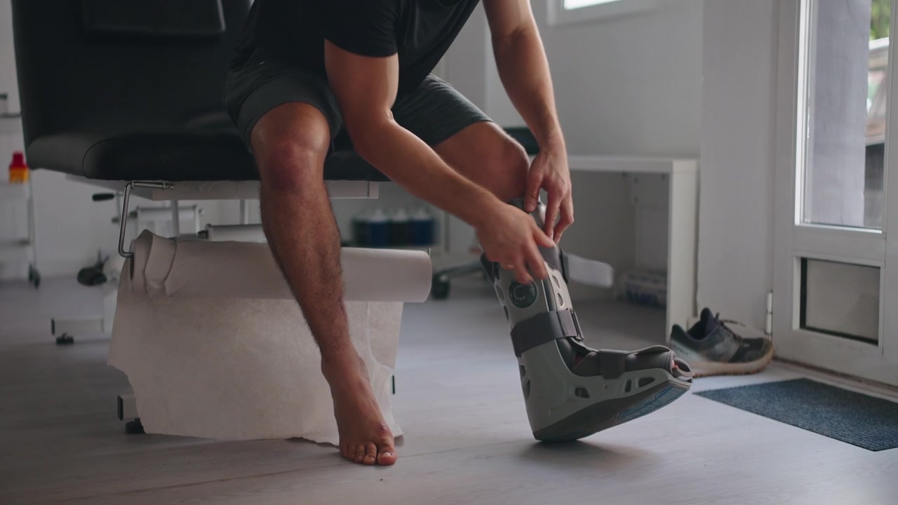 Man Adjusting Orthopedic Walking Boot on Injured Leg