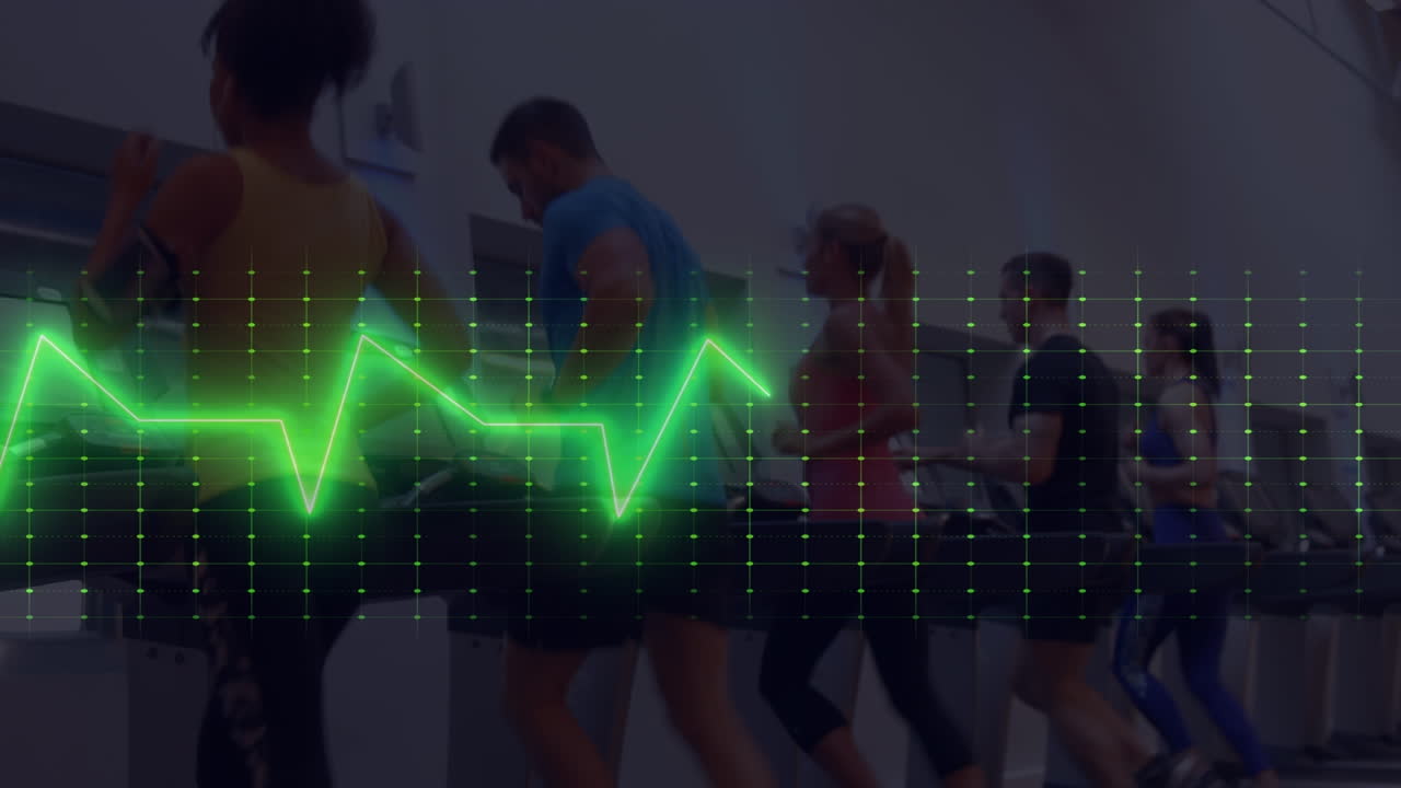 Animation of cardiograph over diverse people exercising