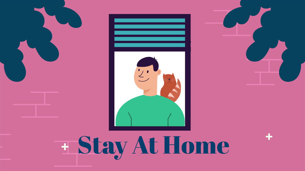 아파트 창문에 고양이를 가진 남자 집에 머물 캠페인