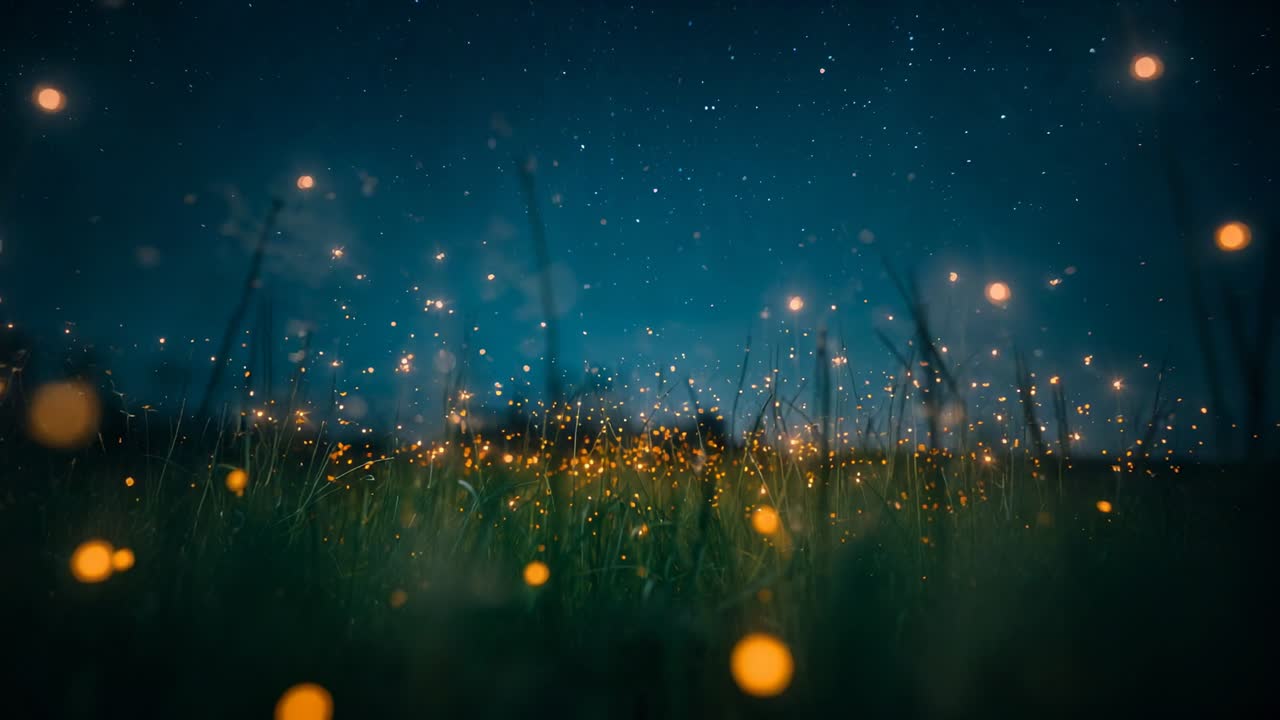 Nightfall signaling glowing golden orbs emerging, drifting and pulsing over tall grass meadow