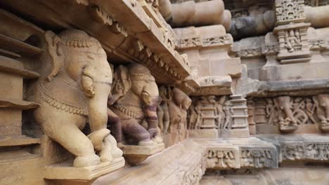 Decorated-elephant-stone-carvings-at-Western-Group-of-Temples,-Khajuraho,-Madhya-Pradesh