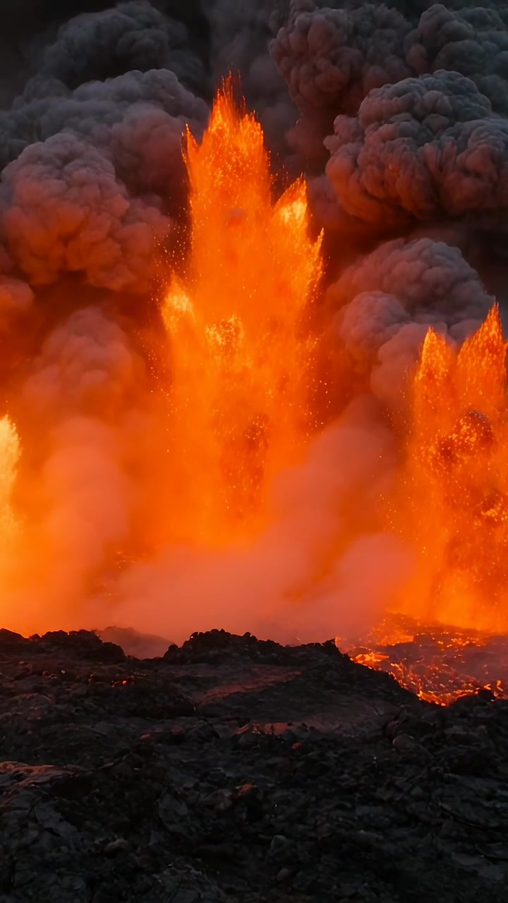 Vertical video: Erupting lava fountain being triggered by pressure at vent sending embers and ash