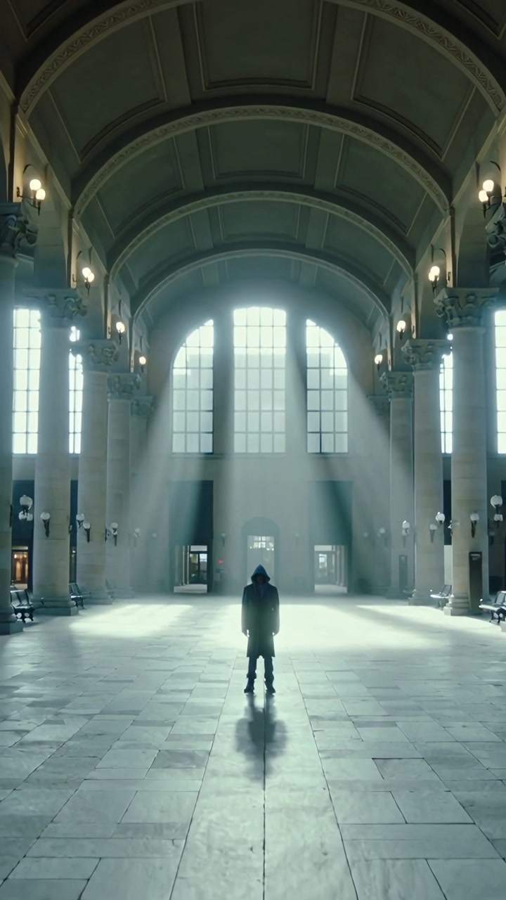 Vertical video: Standing figure in hooded coat facing arched windows in grand hall, shafts growing