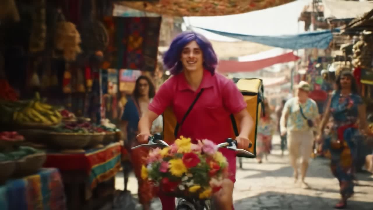A cheerful delivery rider cycles through a bustling market, adorned in bright attire, spreading joy with a bouquet of flowers. Surrounding shops offer an array of colors and textures.