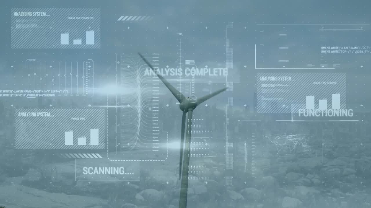 Animation of financial data processing over wind turbine