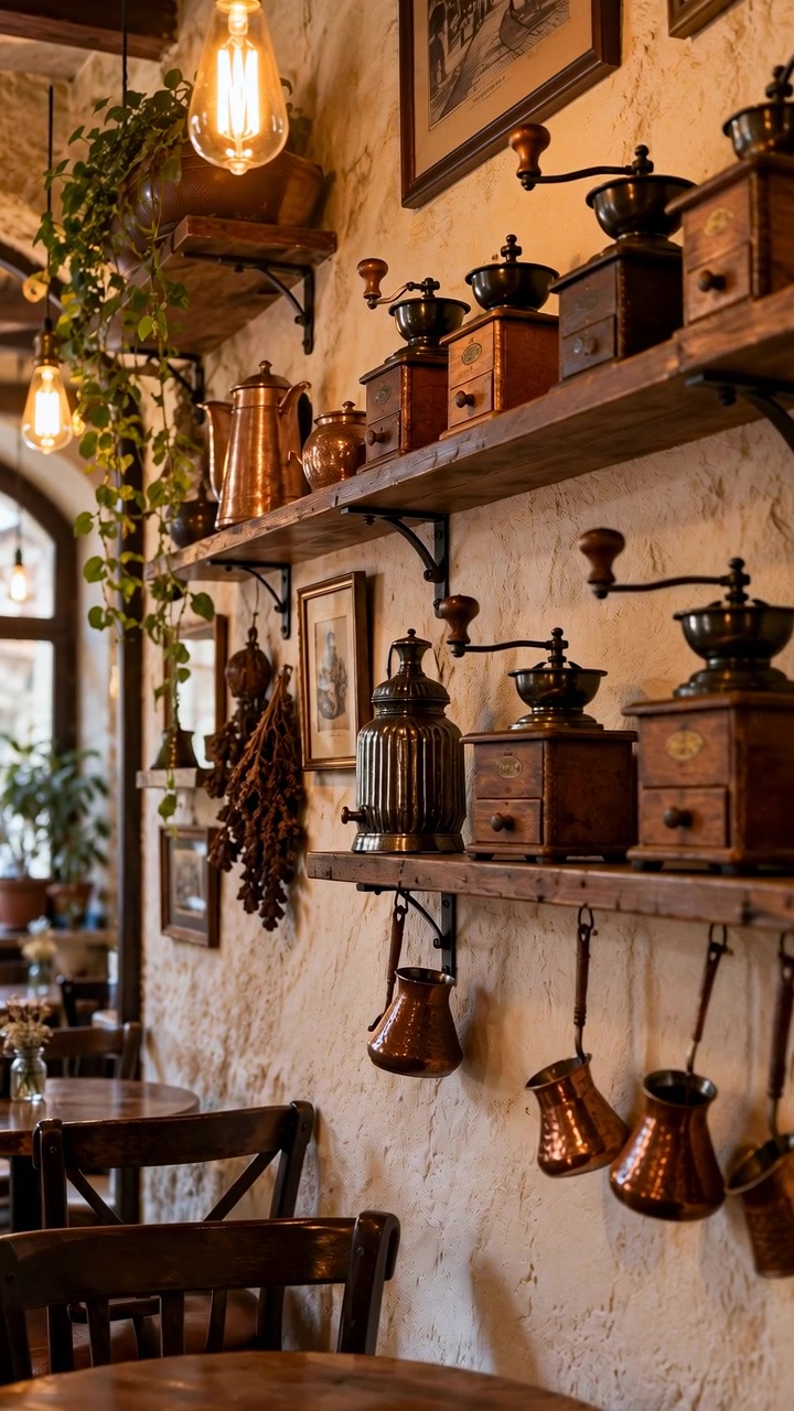 Slow lateral movement reveals rows of wooden coffee mills, metal vessels and hanging copper cups beneath amber bulbs, framed by textured plaster wall, greenery, dark chairs and round tables.