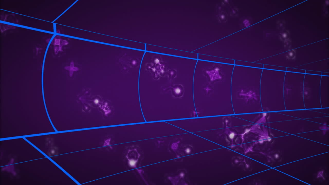 Glowing purple particles and blue grid lines forming futuristic tunnel animation