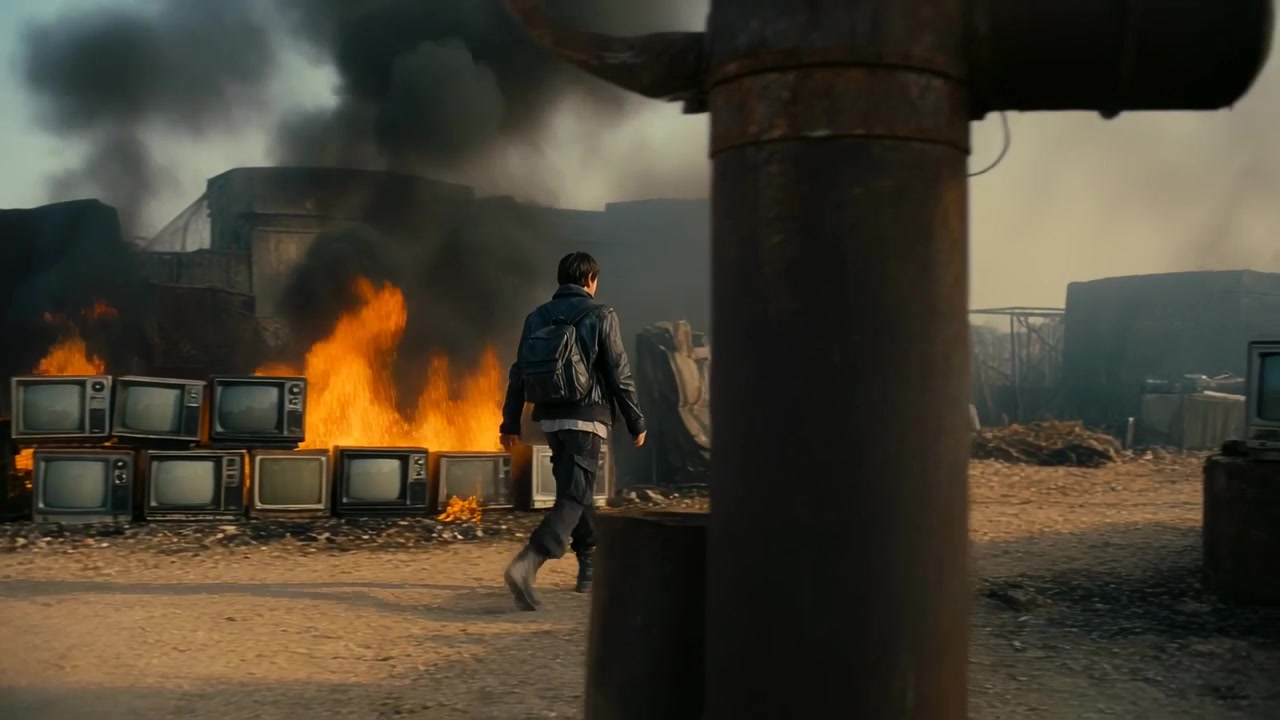 Walking man in dark coat, pack prompted by burning stacked CRTs, moving through junkyard rust pipe