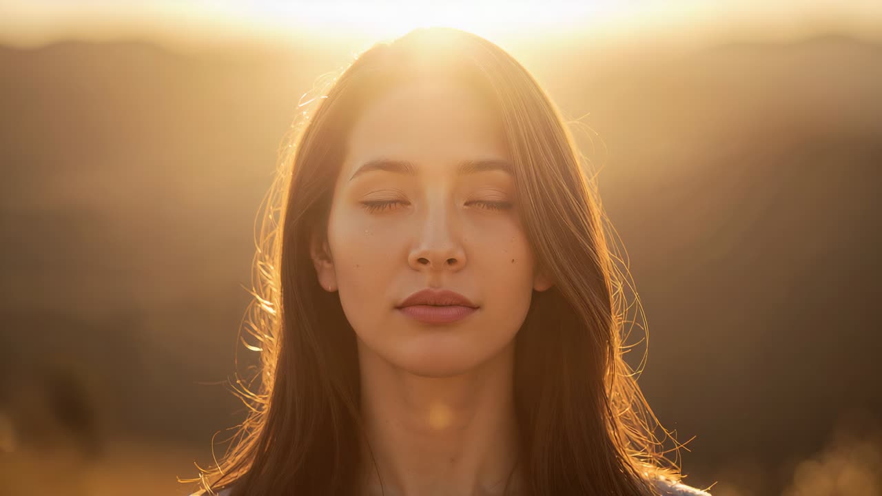 Donna di fronte con i capelli che tiene gli occhi chiusi in un campo mentre il sole crea un alone e un lens flare