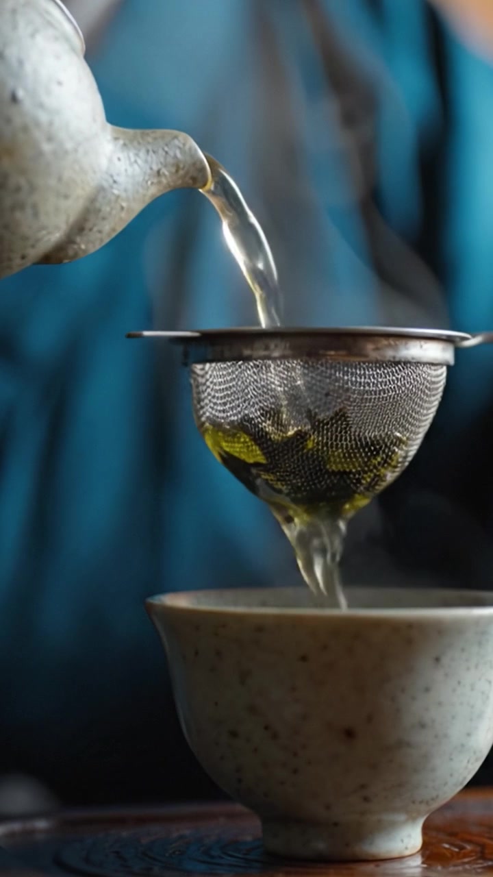 Art of Tea Brewing: A Gracious Pouring of Hot Water Through a Strainer into a Traditional Cup for a Perfectly Steeped Beverage Experience