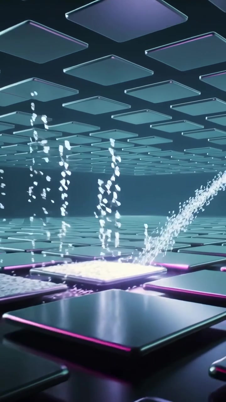 Video verticale: Impressionante arco d'acqua da destra che crea una pozza illuminata su piastrelle in una griglia che illumina i bordi delle gocce