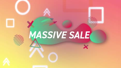 Animation-of-massive-sale-text-in-white-letters-over-red-and-green-liquid-blob-and-white-shapes