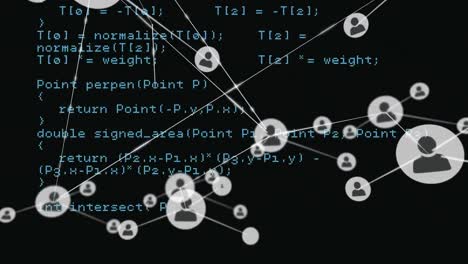 Animation-of-connected-icons-over-looping-computer-language-against-black-background