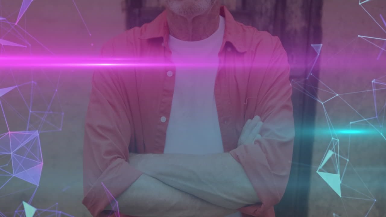 Mature man folding arms in technology scene, showcasing neon pink cyan streaks and polygon network