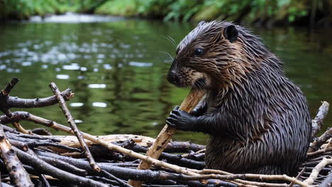 baby beaver eating branches