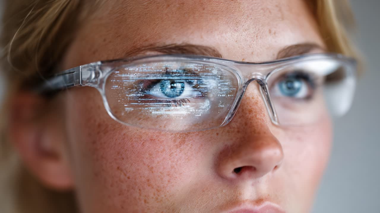 Et fokusert uttrykk: Nærbilde av en ung kvinne med smarte briller og digital informasjon reflektert i øynene hennes, som fremhever fremtidige teknologitrender