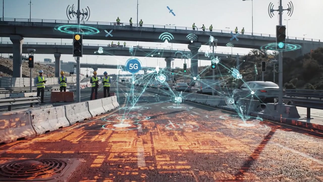 Infrastruttura ad alta tecnologia: Uno sguardo al futuro delle città intelligenti con veicoli connessi e tecnologie di comunicazione avanzate su strade trafficate.