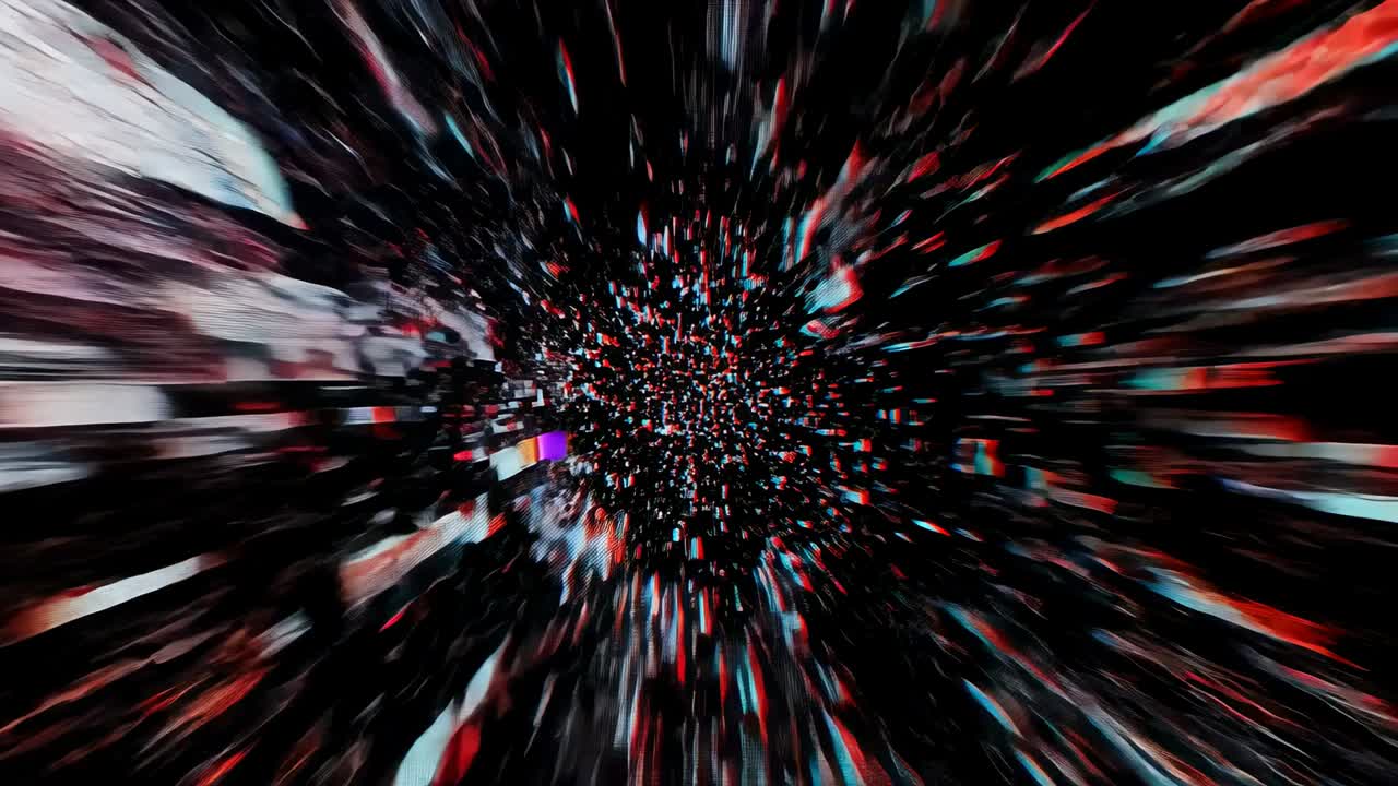 Accelerating camera moving through black void, red white cyan fragments stretching into tunnel