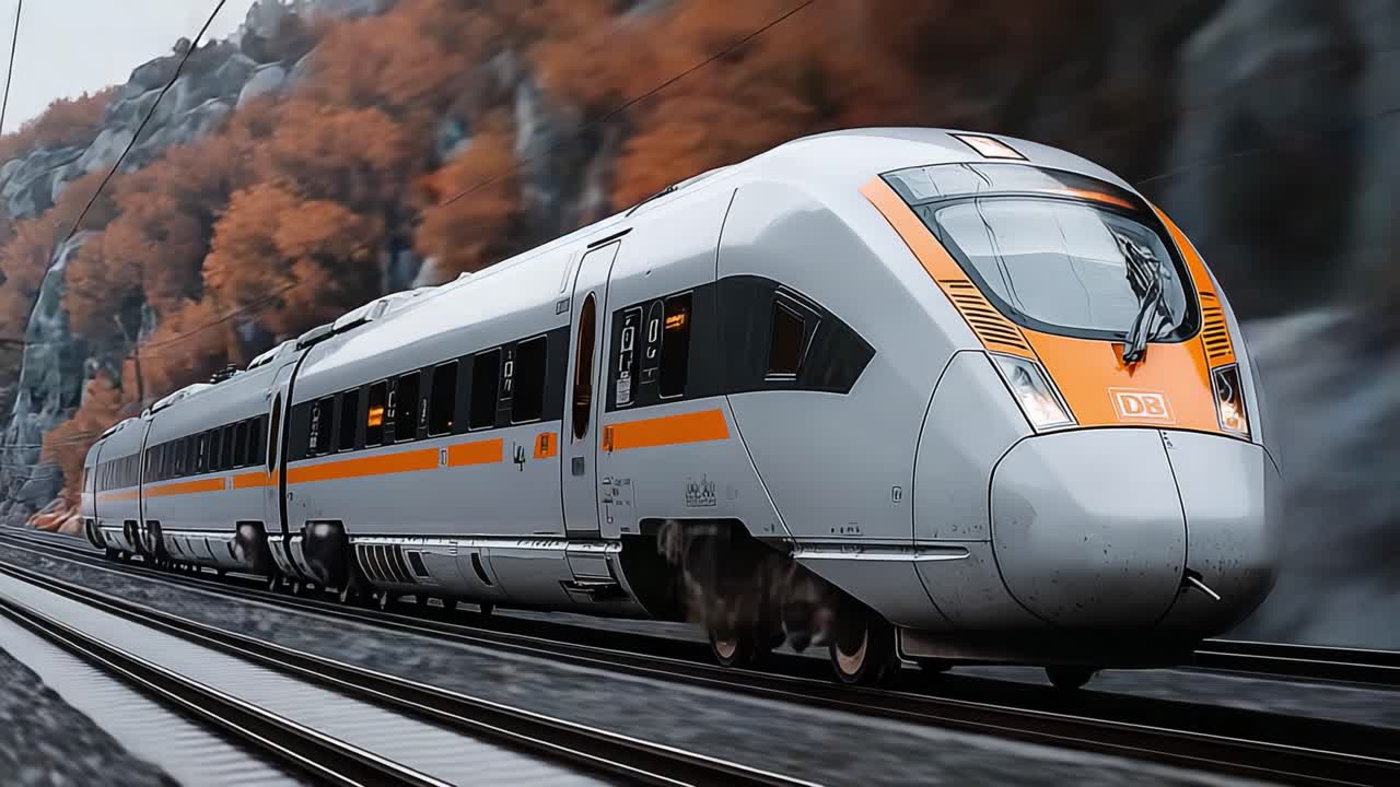 Un treno ad alta velocità attraversa una galleria panoramica circondata da un vivace fogliame autunnale, catturando il movimento dinamico e la meraviglia ingegneristica del trasporto ferroviario moderno.