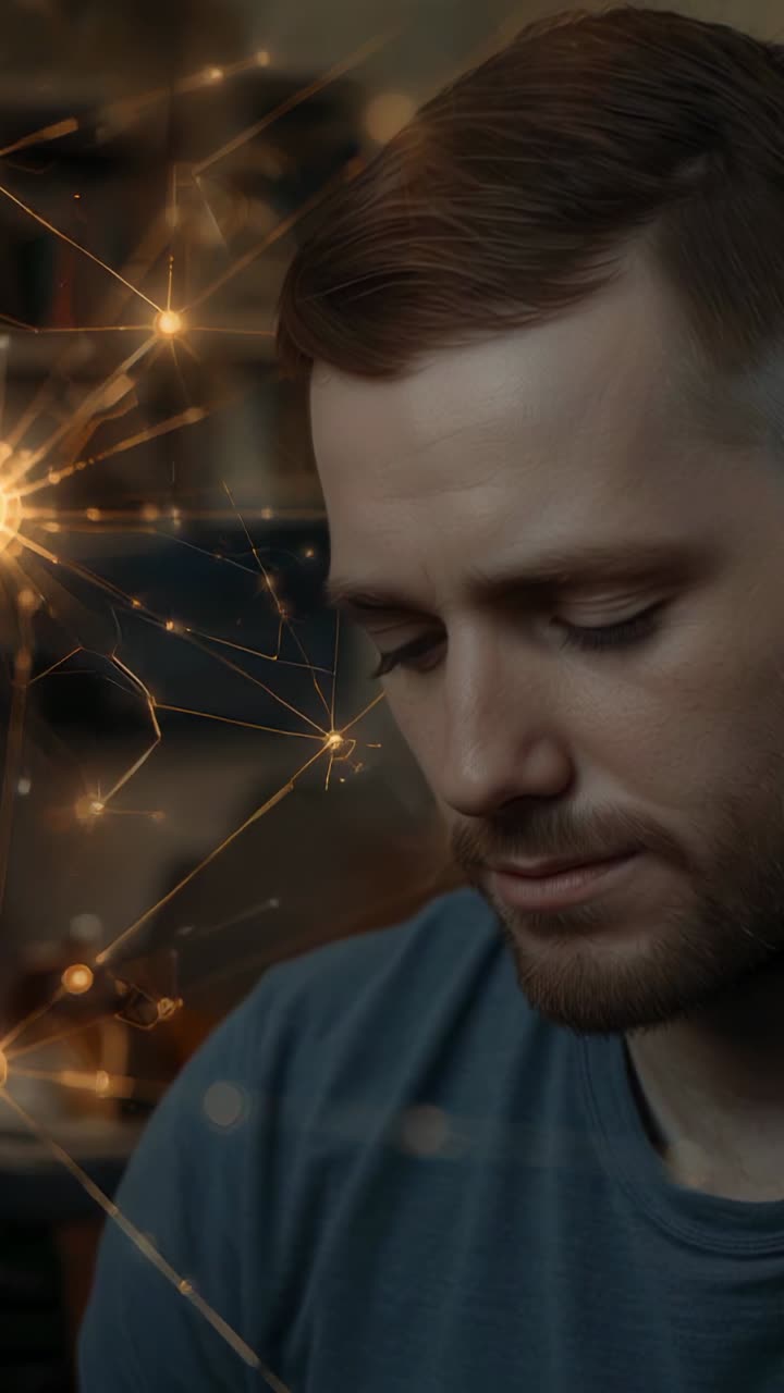 Vertical video: Reacting to emerging nodes man processing network in office, with pulsating lines