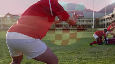 animation of flag of croatia over diverse male rugby players