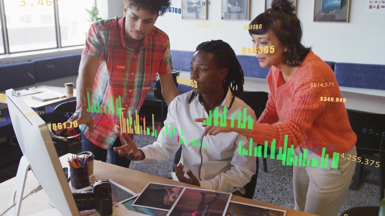 Team clustering at desk, operator using camera and mouse, charts appearing, guiding portrait picks