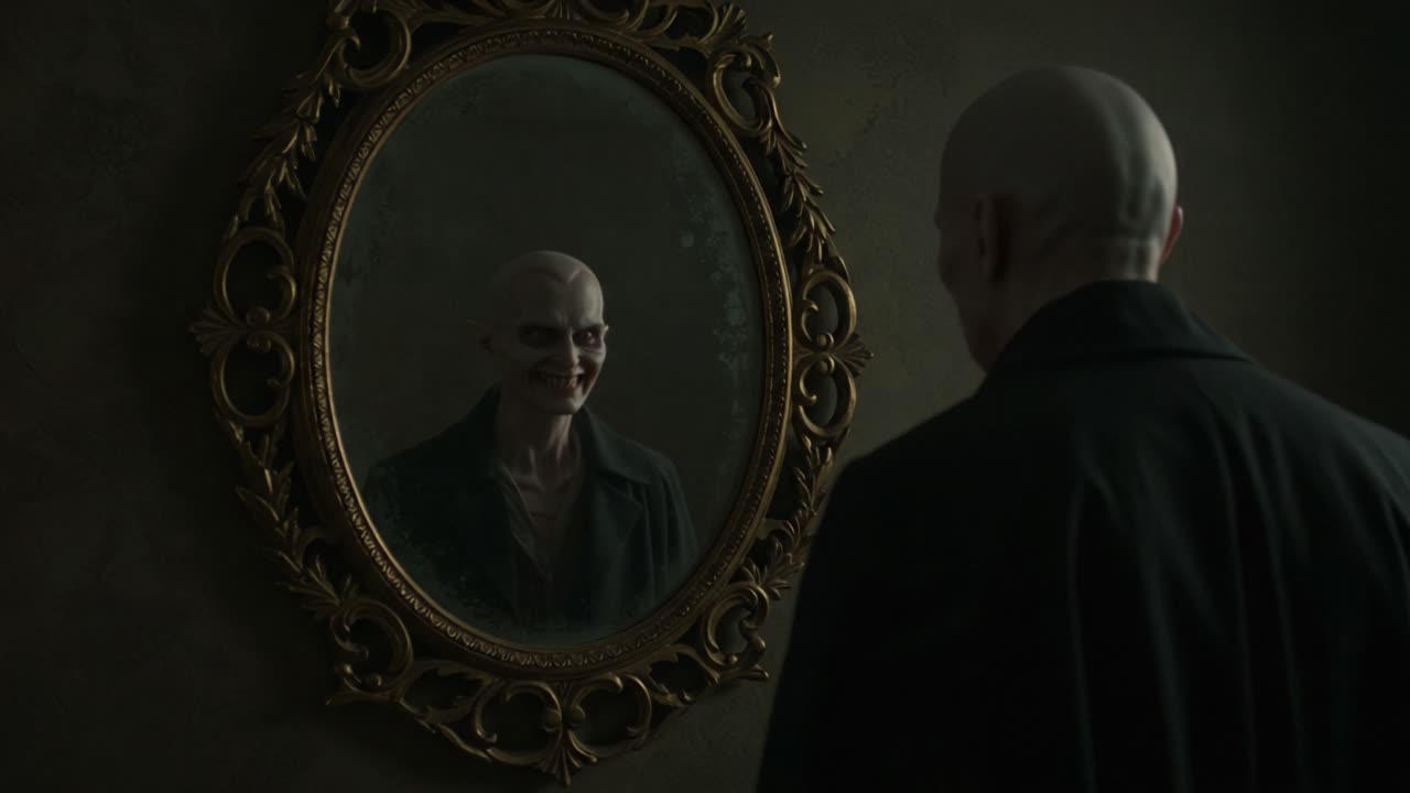 A Haunting Transformation: The Journey of the Reflection in the Mirror Revealing a Malevolent Change from Despair to Sinister Satisfaction