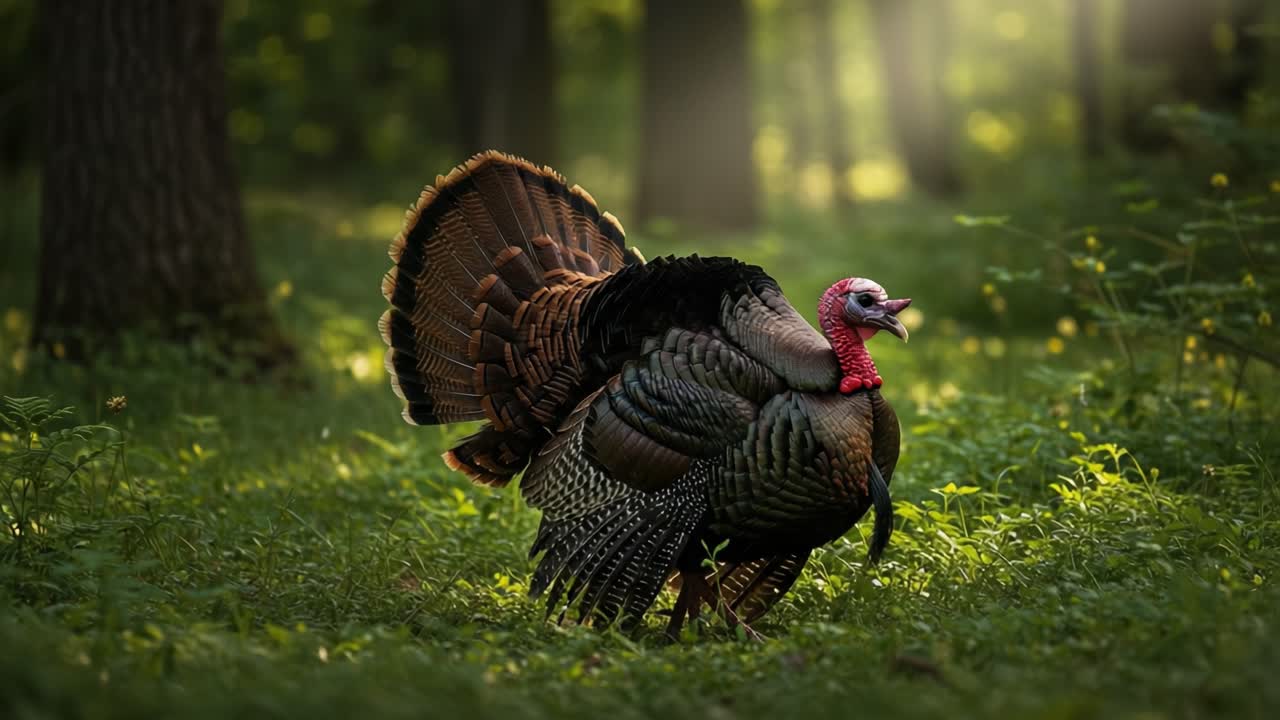Pavo majestuoso pavoneándose por un bosque soleado, mostrando sus vibrantes plumas y colores impresionantes en medio de una exuberante vegetación en un entorno natural sereno.