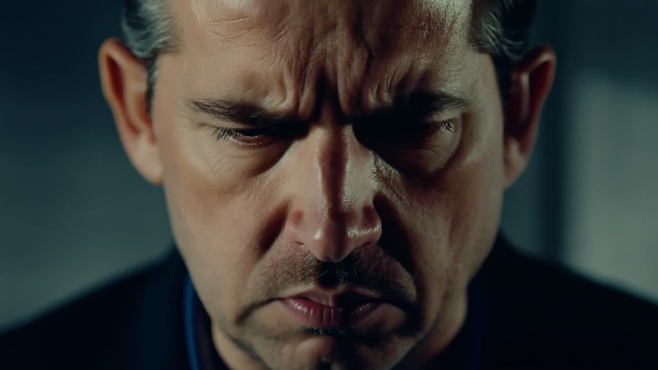 심각한 표정을 가진 남자가 카메라를 집중적으로 쳐다보고 있습니다.