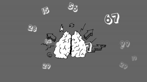 multiple numbers and symbols floating against human brain on grey background