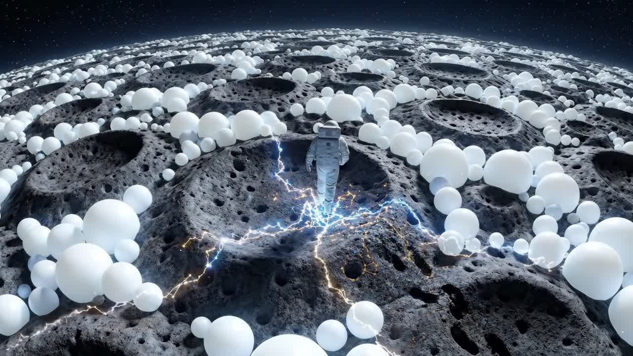Astronaut Walking on Moon-like Surface with Glowing Electrical Energy