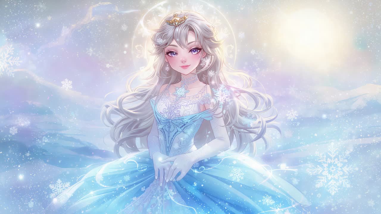 Opening eyes with halo brightening, fantasy woman in lace gown summoning light in snowfield, crown